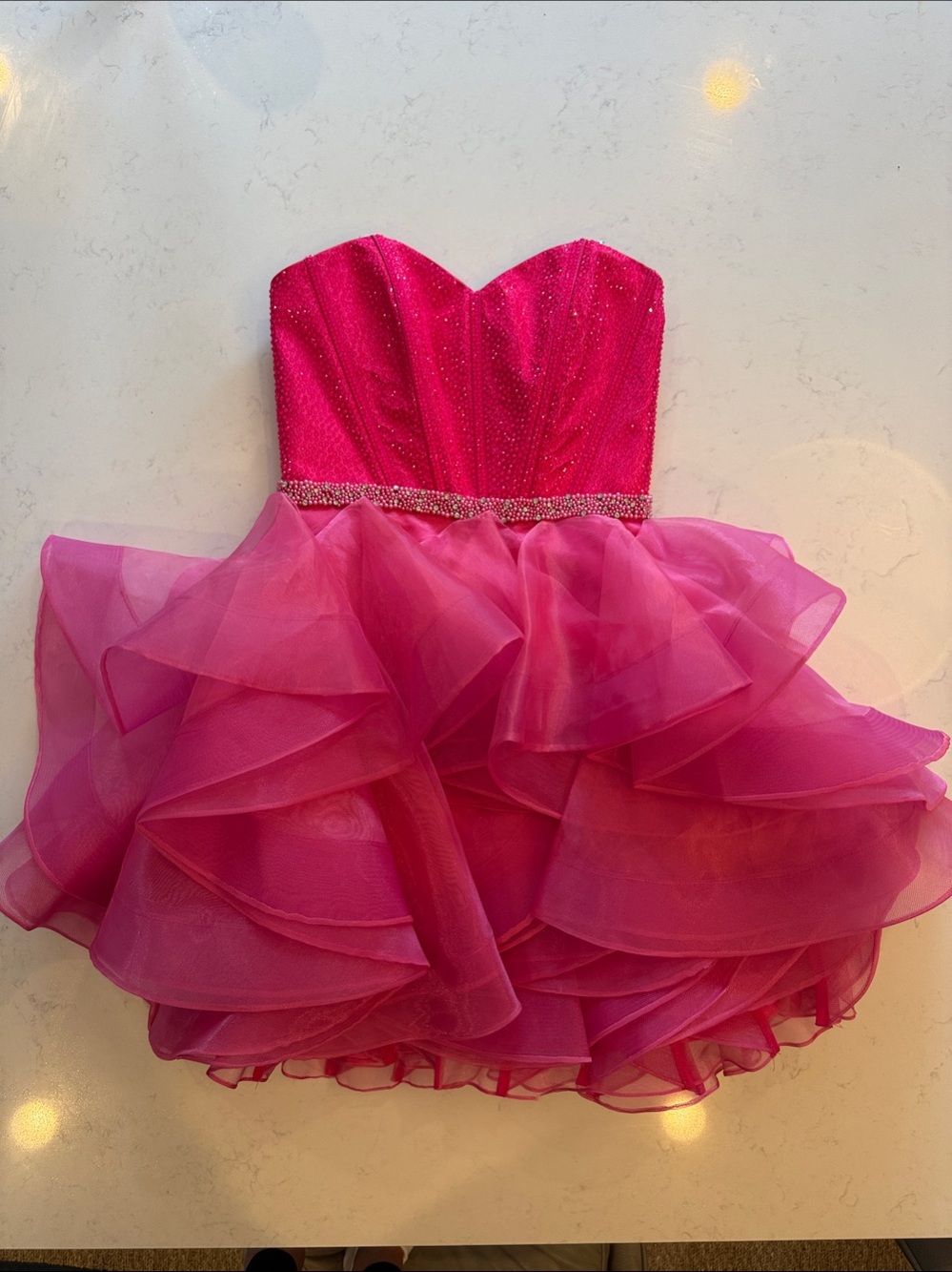 Jovani Girls Hot Pink Strapless Ruffle Party Dress with Beaded Waistband